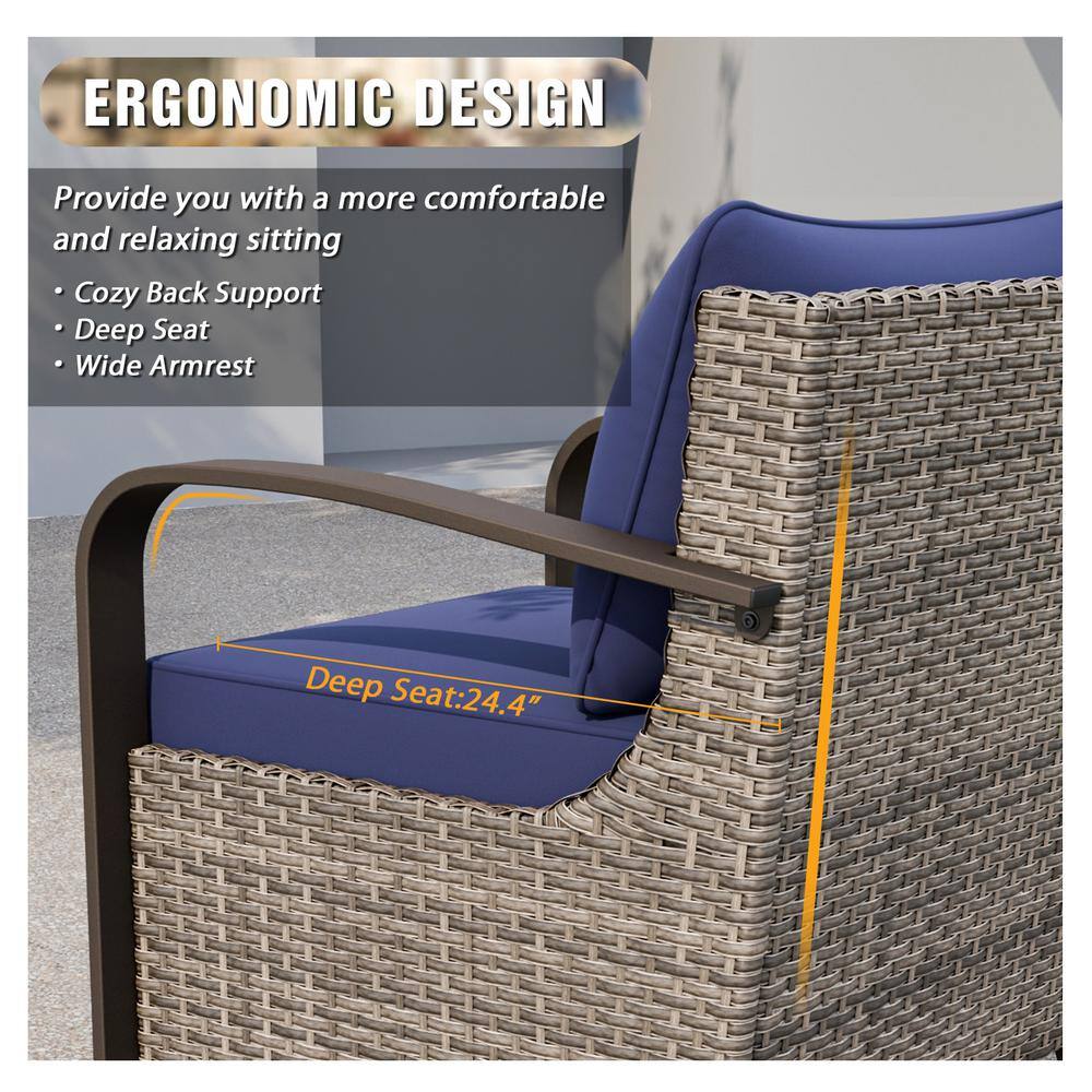 Blue Cushioned Brown Steel Wicker Lounge Chair