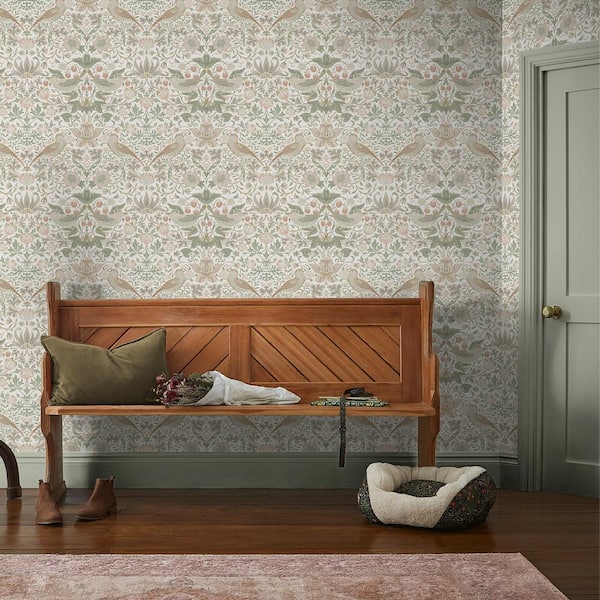 Strawberry Thief Sage Green and Pink Wallpaper Sample