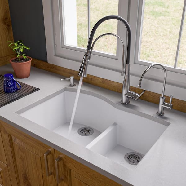ALFI BRAND Undermount Granite Composite 33 in. 35/65 Double Bowl Kitchen Sink in White