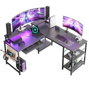 L-Shaped Desk LED 95.2 in. Computer Corner Desk with Keyboard Tray Monitor Stand Gaming Carbon Fiber