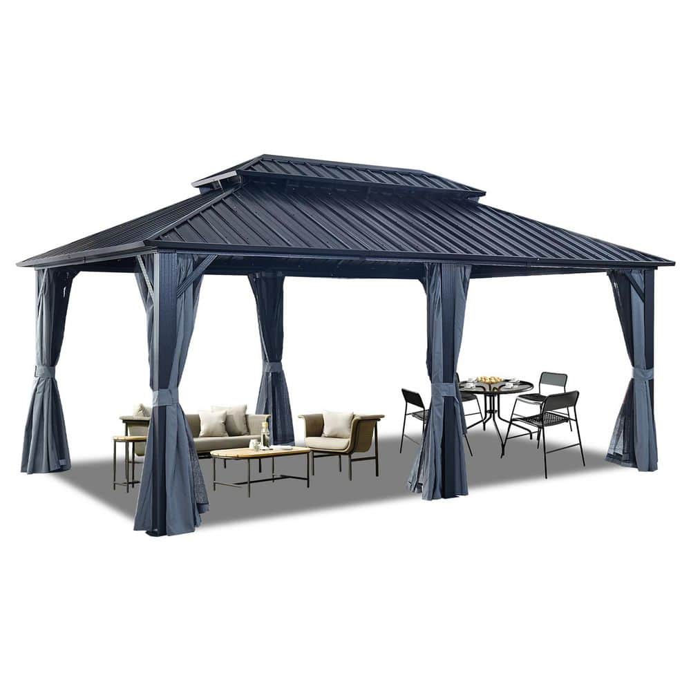 12 ft. x 18 ft. Black Outdoor Aluminum Hardtop Gazebo with Metal Double Roof Pergola, Netting, and Curtain price history on PriceWatchPro