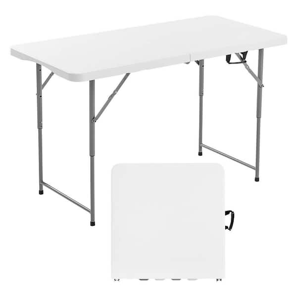 Folding Table, 4 Ft. Heavy Duty Portable Fold-in-Half Plastic Rectangle Table with Adjustable Height & Handle, White