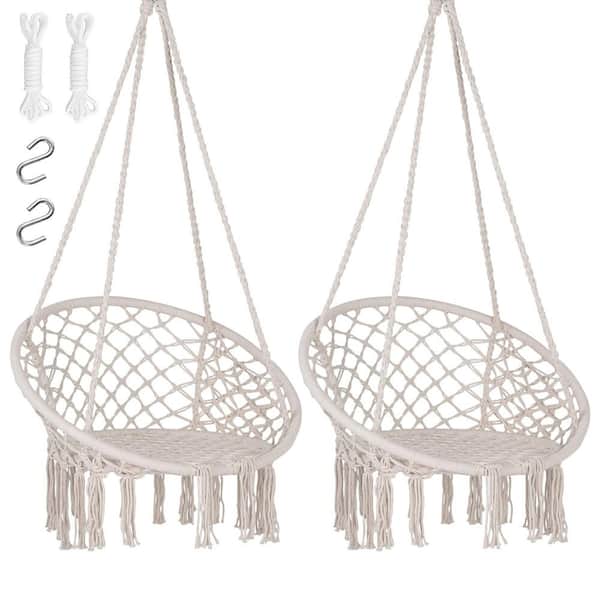 2-Pack Beige 330 lb. Capacity Hammock Chair Macrame Swing with Side Pocket Hanging Cotton Rope Hammock Swing Chair