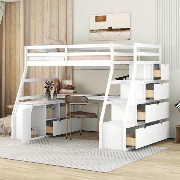 Harper & Bright Designs White Twin Size Loft Bed with Built- In Desk, 7 Drawers, 2 Shelves and Staircases