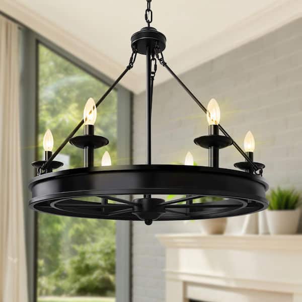 28 in. 6-Light Black Wagon Wheel Farmhouse Chandelier, Industrial Pendant Light for Living Room, Foyer, Entryway