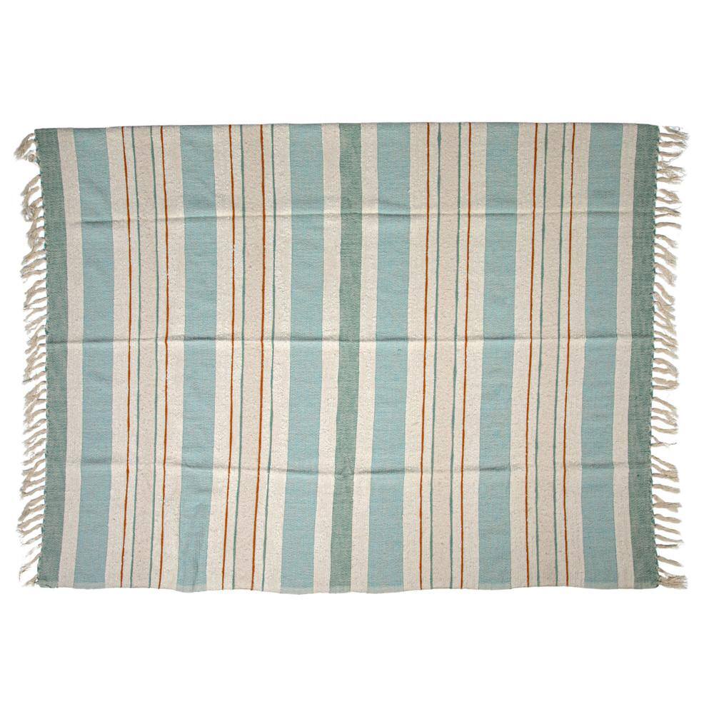 Blue and Cream Striped Cotton Throw with Fringe