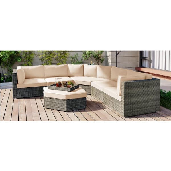 ITOPFOX Patio Furniture Set Biege 6-Piece Wicker Outdoor Sectional Set with Sunbrella Black Cushions