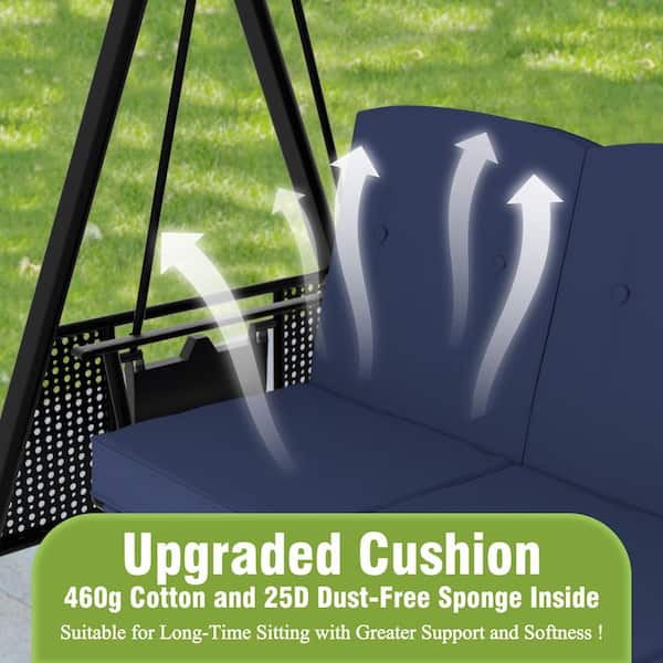 3-Seat Outdoor Metal Porch Patio Swing with Side Tray, Cushions and Canopy, Navy Blue
