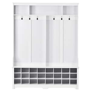 White Modern Style Multiple Functions Hallway Coat Rack with Metal Black Hooks Ample Storage Space and 24-Shoe Cubbies