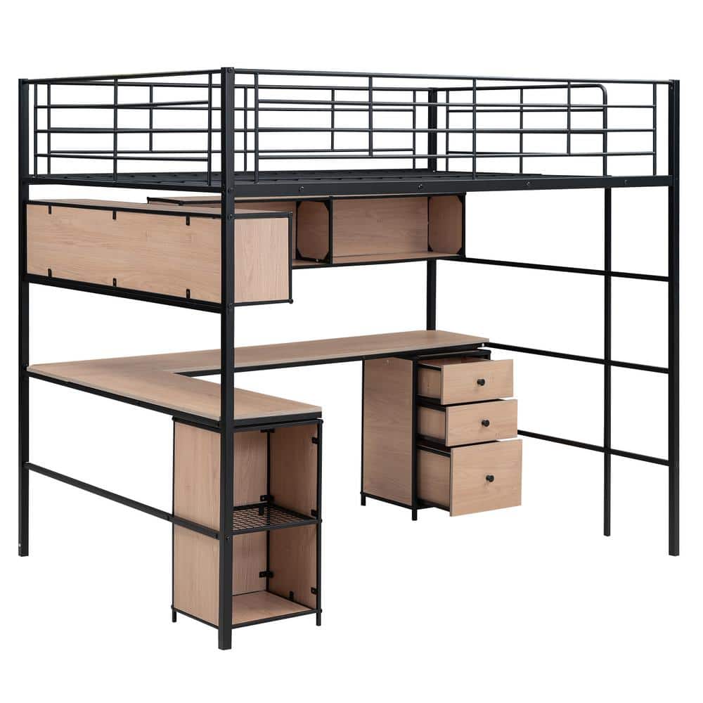 Black Metal Full Loft Bed with Bookcase and Desk