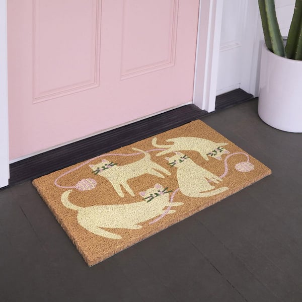 Cats & Yarn Cream/Pink 18 in. x 30 in. Coir Indoor/Outdoor Door Mat