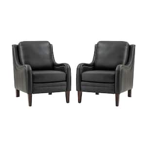 Gertrudis Black 27.56 in. W Genuine Leather Upholstered Arm Chair with Nailhead Trims (Set of 2)