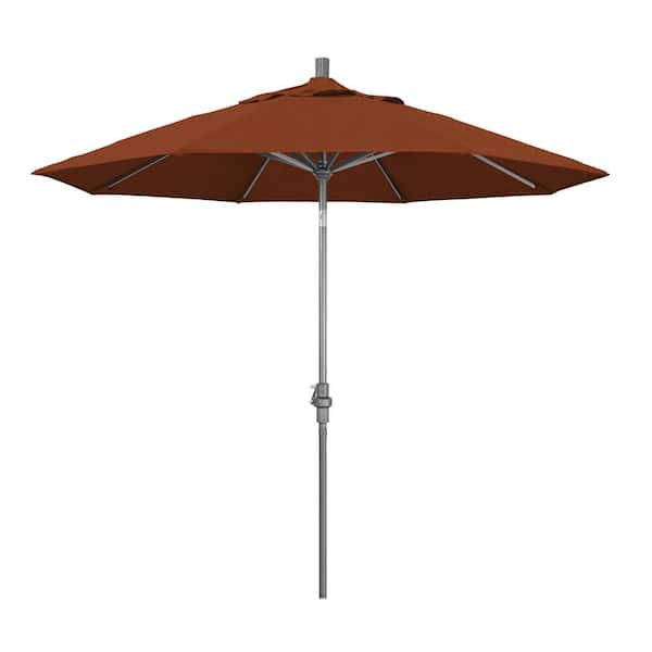 California Umbrella 9 ft. Hammertone Grey Aluminum Market Patio Umbrella with Collar Tilt Crank Lift in Terracotta Olefin