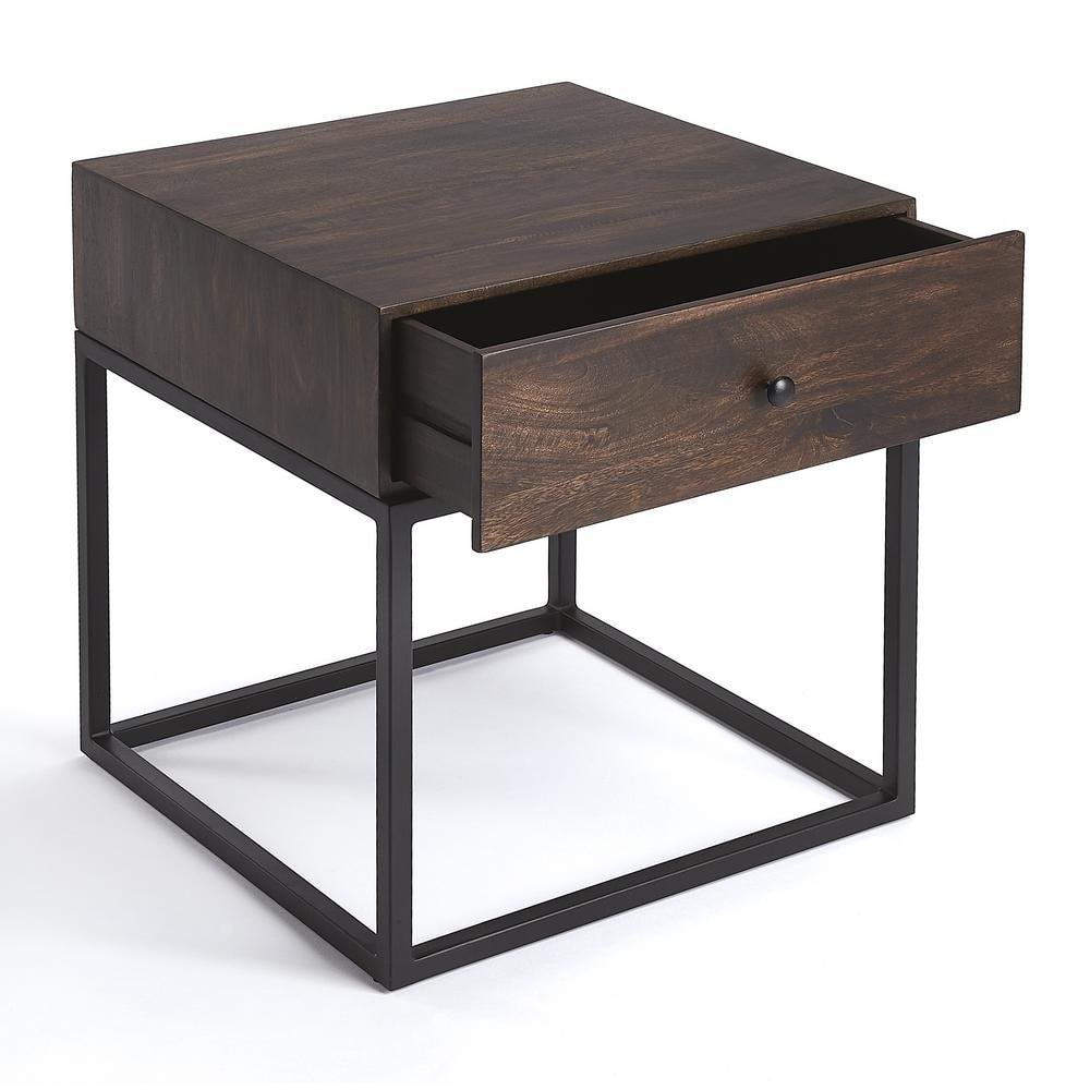 Modern Industrial Mango Wood & Iron End Table with Drawer