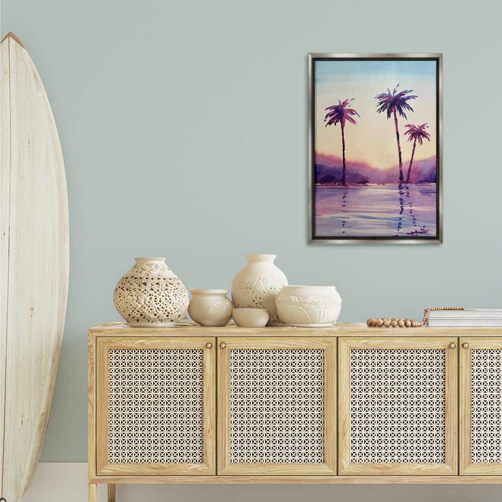 Purple Hued Palm Trees by Stephanie Fielden Gray Floater Frame Nature Graphic Art Print 31 in. x 21 in. price history on PriceWatchPro