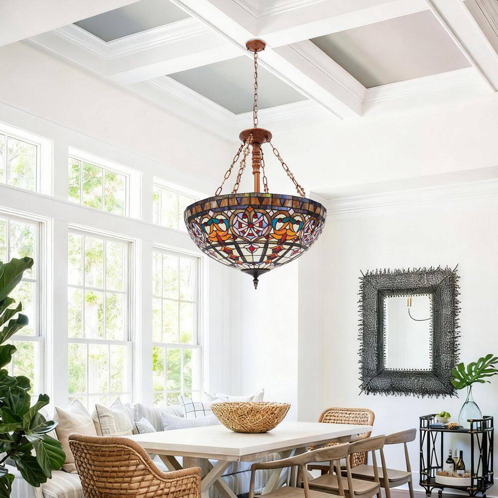 4-Light Colorful Retro Pendant Light with Stained Glass Shade and Adjustable Chain for Living Room, No Bulbs Included price history on PriceWatchPro