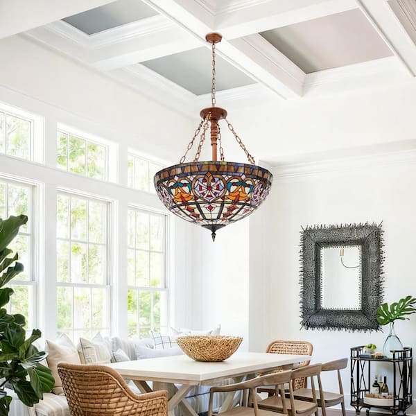 4-Light Colorful Retro Pendant Light with Stained Glass Shade and Adjustable Chain for Living Room, No Bulbs Included