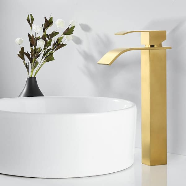 Single Handle Waterfall Single Hole Bathroom Faucet with Drain Kit Included in Brushed Gold