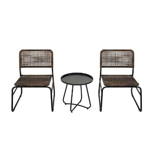 Brown 3-Piece PE Rattan Wicker Patio Conversation Sectional Set with Black Round Table for Garden, Backyard, Balcony