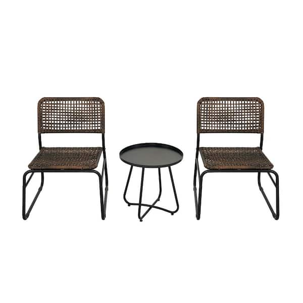 Zeus & Ruta Brown 3-Piece PE Rattan Wicker Patio Conversation Sectional Set with Black Round Table for Garden, Backyard, Balcony