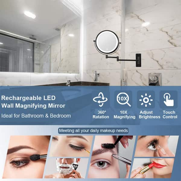 8 in. W x 8 in. H Lighted 1X/10X Magnifying Mirror Wall-Mount Bathroom Makeup Mirror in Black (Battery/USB Powered)