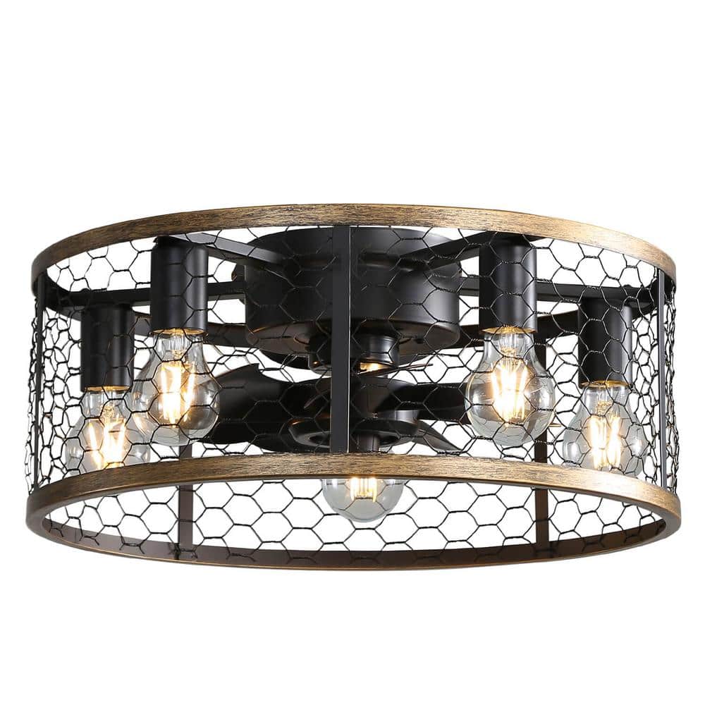20 in. Black Industrial Low Profile Caged Ceiling Fan with Light and Remote