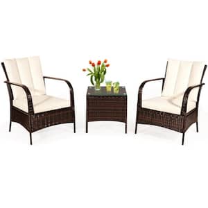 3-Piece Wicker Outdoor Patio Conversation Furniture Set Bistro Set with CushionGuard White Cushions