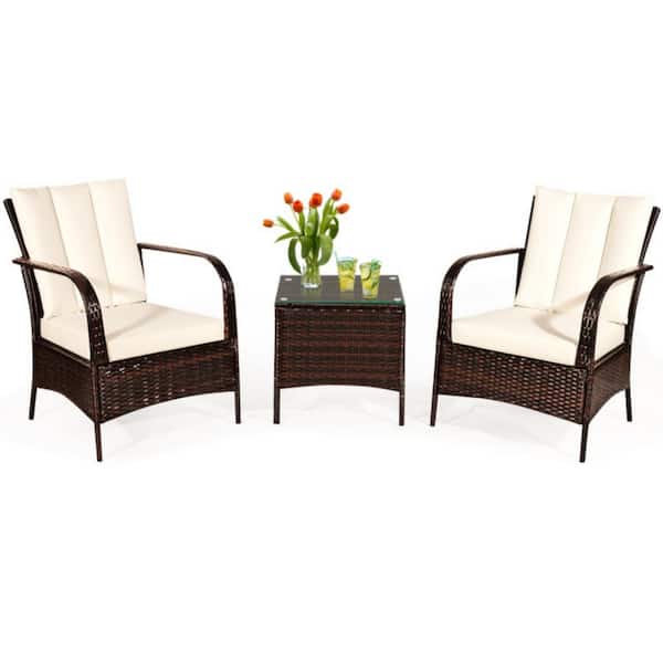 Clihome 3-Piece Wicker Outdoor Patio Conversation Furniture Set Bistro Set with CushionGuard White Cushions