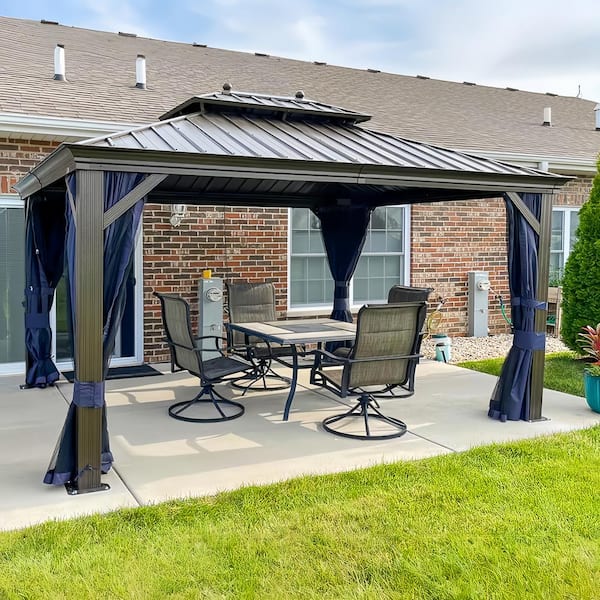 PURPLE LEAF 10 ft.x 14 ft.Bronze Aluminum Power-Coated Frame Galvanized Steel Double Roof Hardtop Gazebo,Hooks, Netting,Blue Curtain