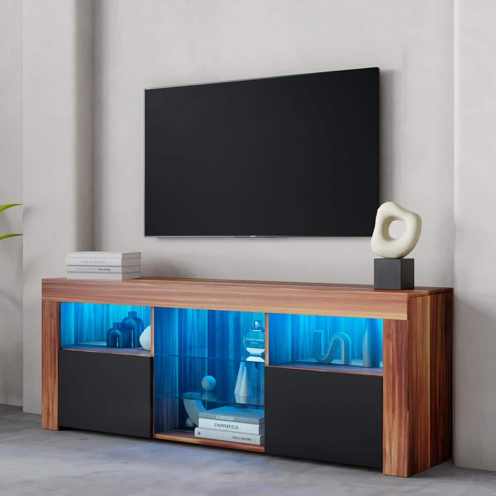 57.48 in. Brown TV Stand Fits TV's up to 65 in. Matte Body High Gloss Fronts with 16 Color Leds -  GODEER, A77562341