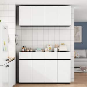 White Wood 63 in. W Sideboard, Storage Cabinet, with Wall Mounted Kitchen Cabinet (2 Parts)
