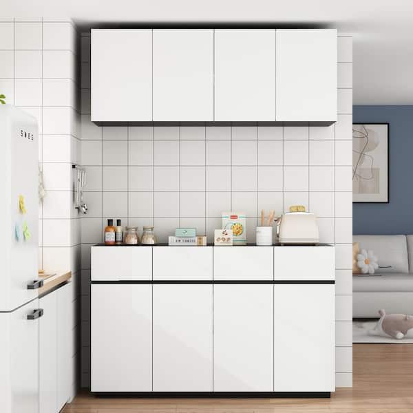 FUFU&GAGA White Wood 63 in. W Sideboard, Storage Cabinet, with Wall Mounted Kitchen Cabinet (2 Parts)