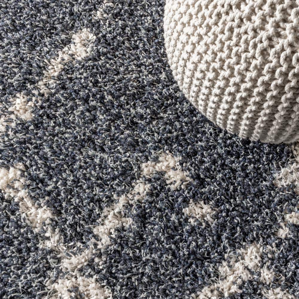 Blue/Cream Moroccan Tribal Geometric Trellis Synthetic Shag Rug