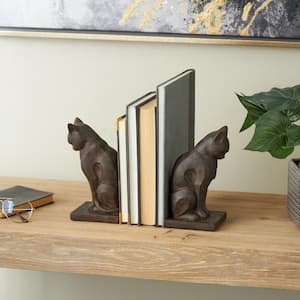 Dark Brown Resin Frowning Cat Bookends with Copper Accents (Set of 2)