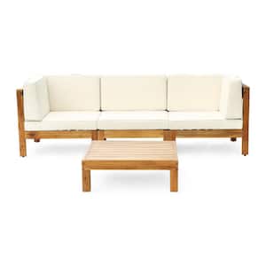 Brava Teak Brown 4-Piece Wood Patio Conversation Sectional Seating Set with Beige Cushions