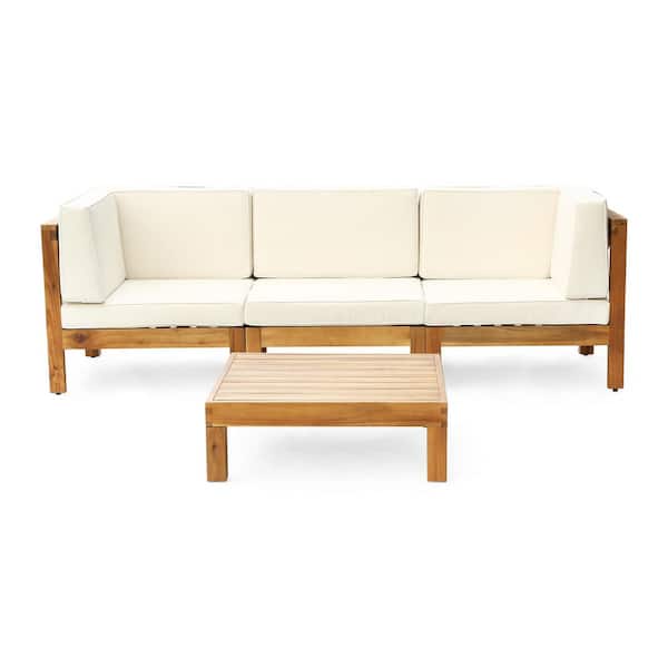 Brava Teak Brown 4-Piece Wood Patio Conversation Sectional Seating Set with Beige Cushions