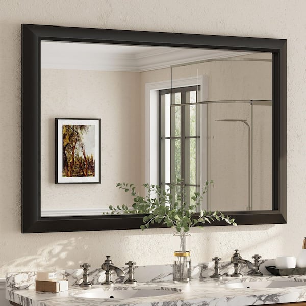 Apmir 48 in. W x 32 in. H Rectangular Aluminum Alloy Framed and Tempered Glass Wall Bathroom Vanity Mirror in Matte Black