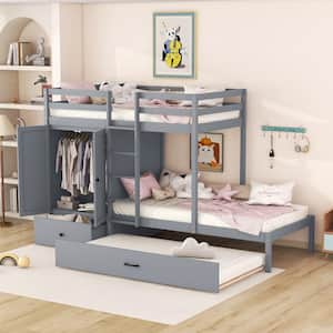 Gray Twin Over Twin Multi-function Wood Bunk Bed with Ladder, Wardrobe, Big Drawer, Storage Shelves and Trundle