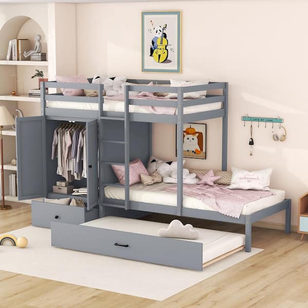 Harper & Bright Designs Gray Twin Over Twin Multi-function Wood Bunk Bed with Ladder, Wardrobe, Big Drawer, Storage Shelves and Trundle