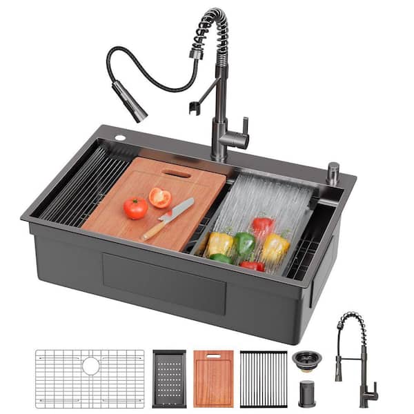 33 in. Drop-in Single Bowl 16 Gauge Gunmetal Black Stainless Steel Kitchen Sink with Pull Out Faucet, Cutting Board