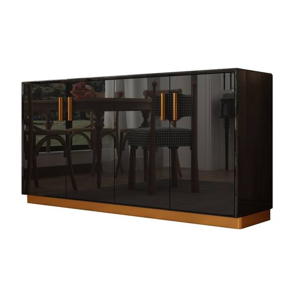 FUFU&GAGA Black Mirror Finished 31.5 in. Height Wooden Storage Cabinet, Sideboard with 4 Doors and 4 Shelves