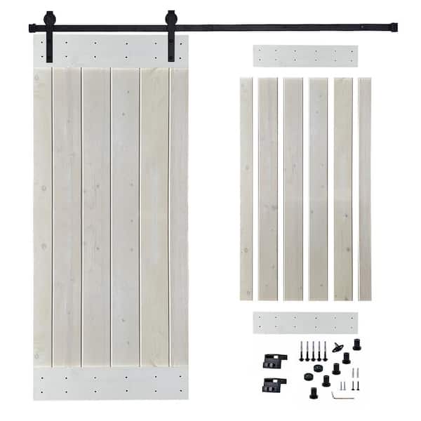 Akicon 36 in. x 84 in. White Painted Wood Sliding Door with Hardware Kit, Pre-Drilled Ready to Assemble