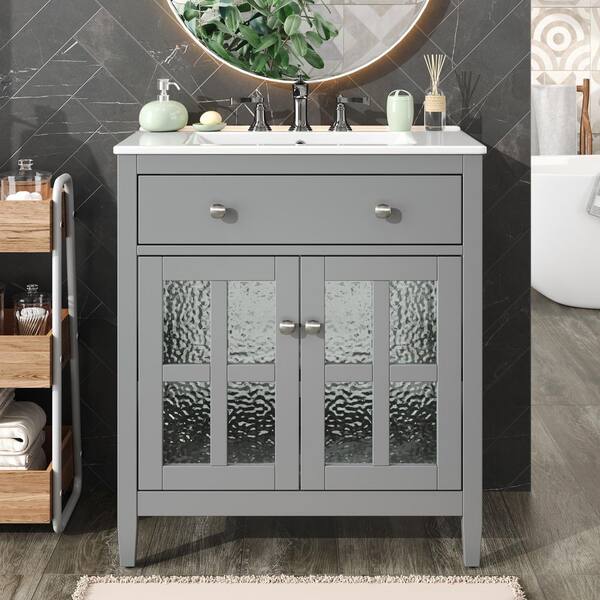 30 in. Freestanding Gray Bath Vanity with White Ceramic Top, Adjustable Shelf and Tip-Out Tray