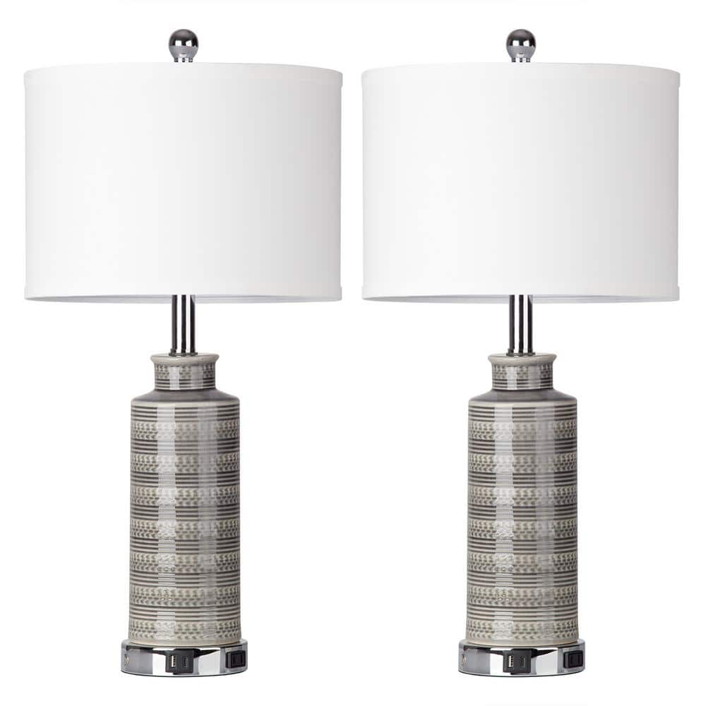 Cinkeda 25 in. Grey Ceramic Table Lamp Set with USB, Type-C Ports and ...