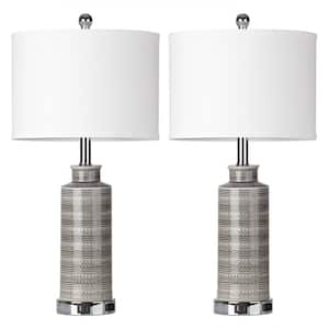 25 in. Grey Ceramic Table Lamp Set with USB, Type-C Ports and AC Outlet