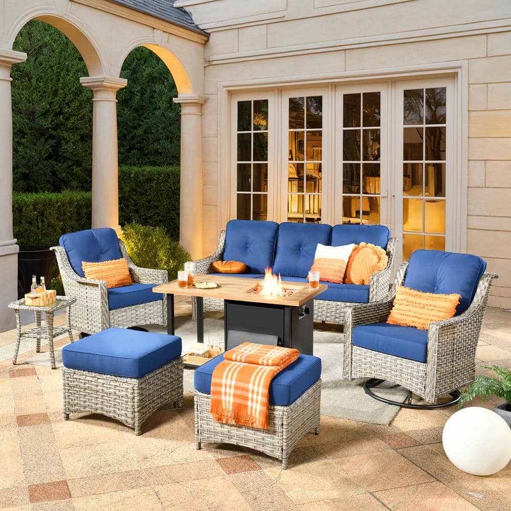Denver 7-Piece Wicker Outdoor Patio Conversation Sofa Set with Swivel Chairs, a Storage Fire Pit and Navy Blue Cushions price history on PriceWatchPro