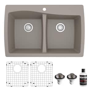 QT-720 Quartz/Granite 34 in. Double Bowl 50/50 Top Mount Drop-In Kitchen Sink in Concrete with Bottom Grid and Strainer