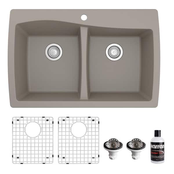 Karran QT-720 Quartz/Granite 34 in. Double Bowl 50/50 Top Mount Drop-In Kitchen Sink in Concrete with Bottom Grid and Strainer