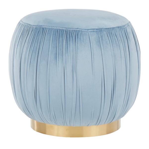 Lumisource Ruched Powder Blue Velvet and Gold Ottoman