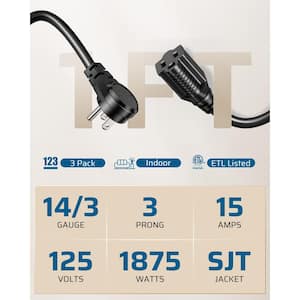 1 ft. SJT 14/3 Gauge Indoor Extension Cord with 3-Prong Outlets and Flat Head, 3 Pack, Black